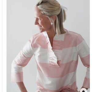 Devon Baer Ruffle Neck Tunic Top Pink and White Silk S